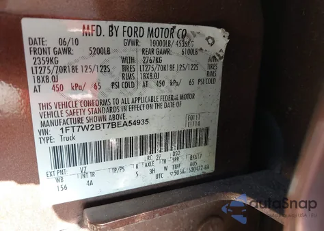 2011 Ford F-250 Lariat из США, поврежденный, VIN 1FT7W2BT7BEA54935